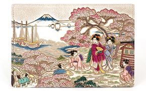 【文庫屋大関】パーソナルホルダー　浮世絵　御殿山【皮革工芸品】 ファッション 小物 シンプル パスポートケース 病院セット 型押し 大関卯三郎 牛革 