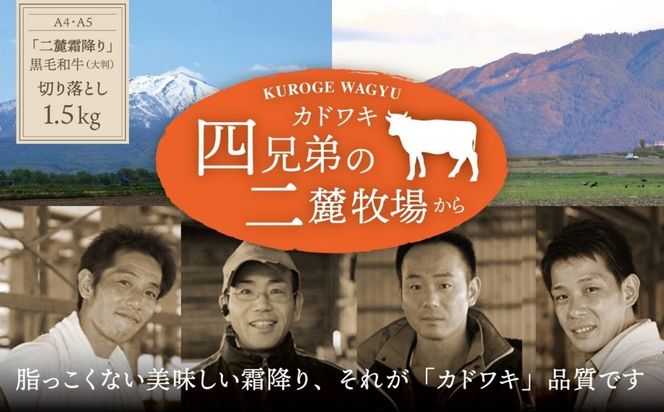 A4･A5「二麓（にろく）霜降り」黒毛和牛（大判）切り落とし 1.5kg（250g×6）ニセコ連峰と鈴鹿山脈、二つの麓（ふもと）で育てた脂の質にこだわった美味しい霜降りをリーズナブルに│牛肉 国産牛 ブランド牛 冷凍便 大容量 年末年始 お正月 焼肉 しゃぶしゃぶ すき焼き 三重県 四日市市 ふるさと納税