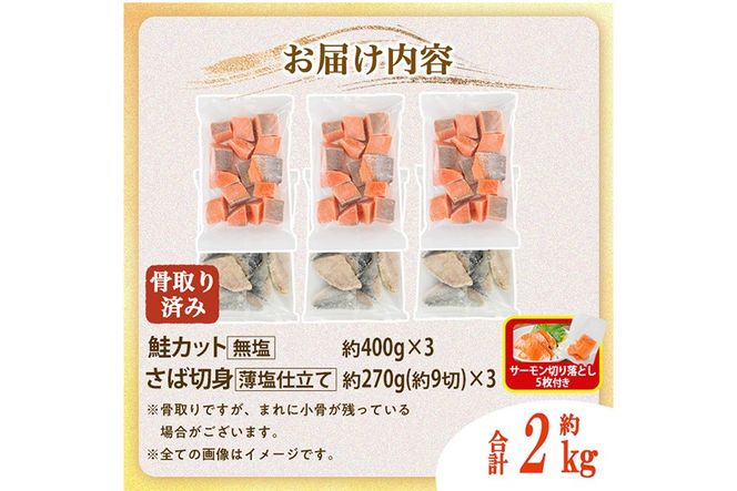 骨取り さば切身と鮭カットのセット(合計約2kg)サーモン切り落とし5枚付き 鮭 小分け 冷凍 サーモン シャケ サケ サバ 鯖 骨なし 骨取り セット 魚 魚介 【AW-104】【丸正水産】
