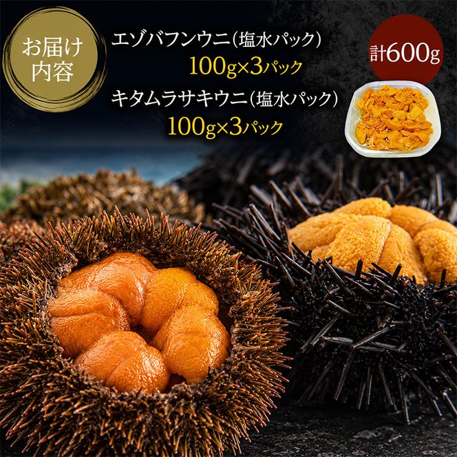 北海道 礼文島産 採れたて 生うに 塩水パック 豪華食べ比べ 600g(バフン・ムラサキ 100g×各3) ミョウバン不使用［株式会社やまじょう］【 うに ウニ 雲丹 生うに 塩水うに バフンウニ ムラサキウニ 贈答 】