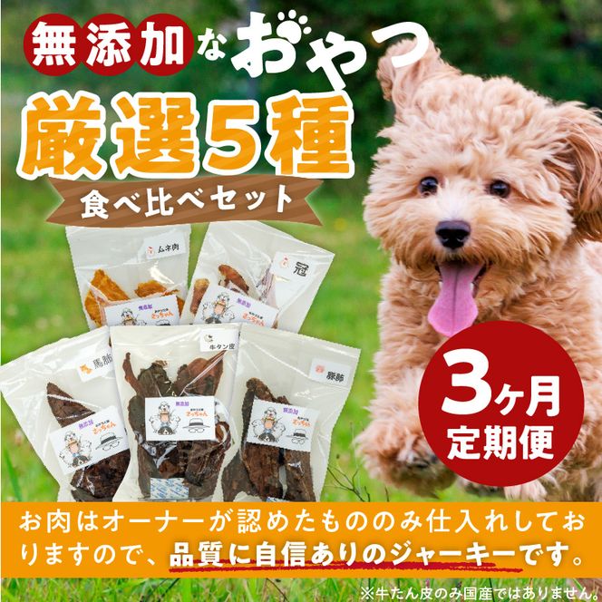 【3ヶ月定期便】犬猫用 無添加おやつジャーキー 肉シリーズ ５袋詰め合わせ ［143O01-T］ 3ヶ月定期便 犬猫用 無添加 おやつ ジャーキー 5袋 詰め合わせ 牛たん皮 馬肺 豚肺 鶏ムネ肉 鶏冠トサカ ペットフード ドッグフード キャットフード エサおやつ工房さっちゃん お取り寄せ 愛知県 小牧市 送料無料
