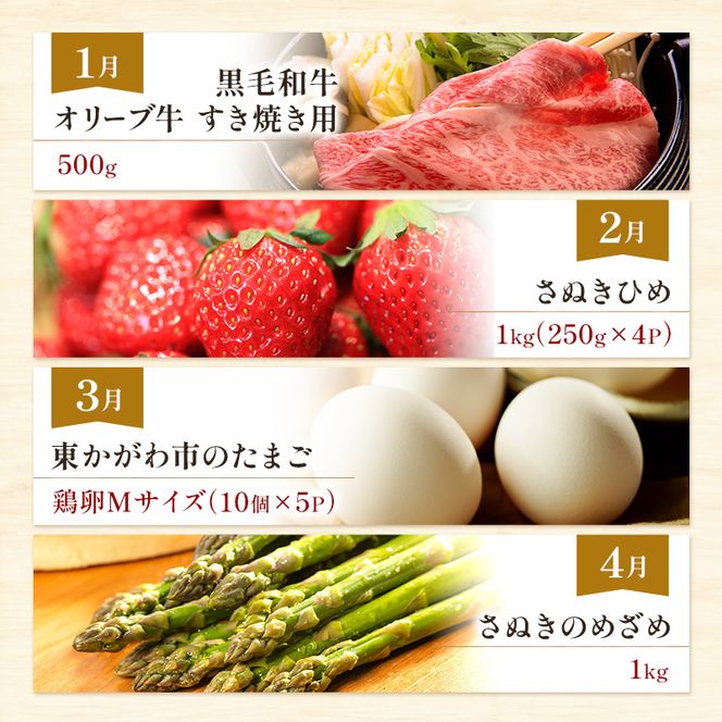 東かがわ市お楽しみ頒布会(12回) みかん いちご 卵 アスパラ 讃岐うどん メロン 豚肉 ブルーベリー シャインマスカット サーモン キウイ 黒毛和牛 香川