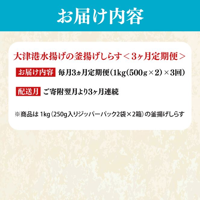 【定期便特別価格】大津港水揚げの釜揚げしらす＜3ヶ月定期便＞＜毎月＞　1kg×3回【海鮮 魚介類 しらす シラス ご飯のお供 たっぷり お手頃 個包装】(AS211)