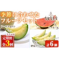 【0473608b】＜定期便・全3回＞自慢の農家×老舗青果店のフルーツ定期便(計6個) メロン アールスメロン スイカ すいか 小玉スイカ 肥後グリーン 果物 フルーツ 果実 セット 【有留青果】