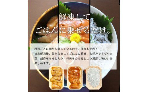 紀州湯浅醤油を使ったサーモンとカンパチの漬け＆釜揚げしらすの 海鮮丼 ３種セット 計３００g【uot756A】