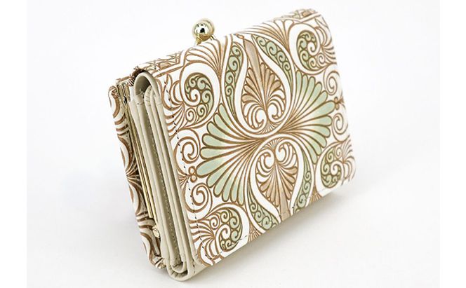 【文庫屋大関】三つ折りミニ財布　ロカイユ（ペールカーキ）【皮革工芸品】 ファッション 小物 民芸品 お札 カード 小銭 手のひらサイズ コンパクト 大人かわいい 牛革 手作り 国産 