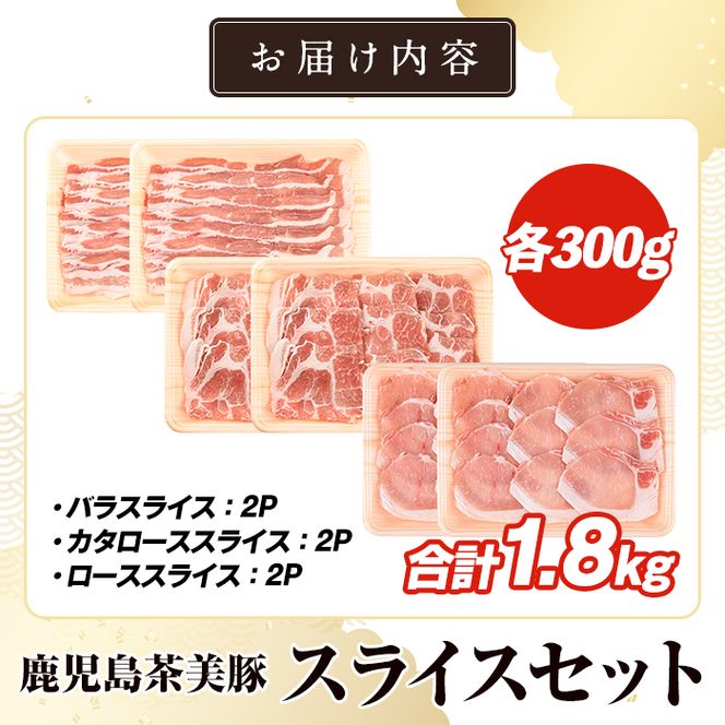 C-3201 鹿児島茶美豚スライスセット(合計1.8kg) お肉 肉 豚 豚肉 チャーミートン ブランド豚 豚ロース しゃぶしゃぶ 肉巻き しょうが焼き 豚丼 おかず 小分け 冷凍【鹿児島いずみ農業協同組合】akn018-27