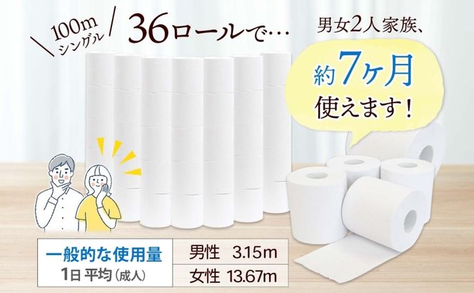 定期便 2ヶ月毎 全3回 無包装 トイレットペーパー シングル ソフトタイプ 100m 36ロール 長巻き 紙ペーパー エコ 日用品 消耗品 トイレ用品  114mm幅 非常用 備蓄 ストック まとめ買い 防災 国産 日本製 送料無料 川一製紙 岐阜県 美濃市