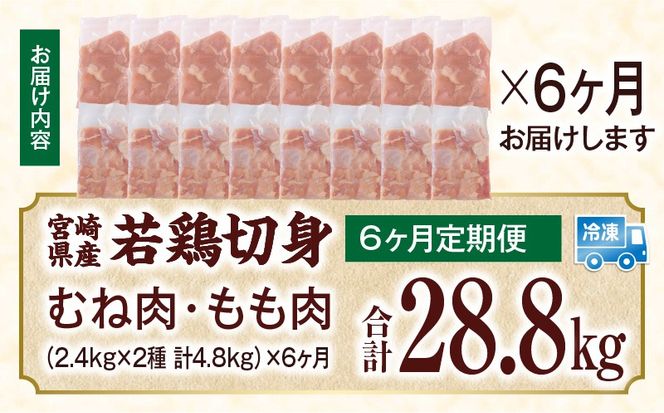 宮崎県産 若鶏切身 むね肉&もも肉 4.8kg（各300g×8袋）【6か月定期便】