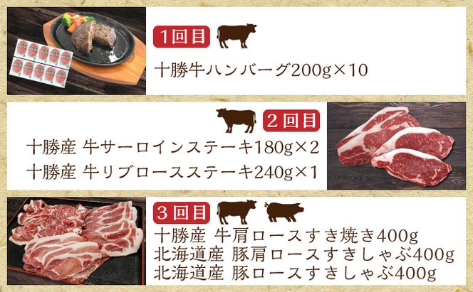 北海道 十勝のお肉屋さん 厳選 定期便 3回 ハンバーグ ステーキ ジンギスカン 惣菜 牛 羊 ラム 焼肉 BBQ バーベキュー 味付き 味付き肉 タレ 手切り アウトドア キャンプ お取り寄せ 冷凍 小分け 保存 牛肉