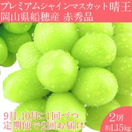 2026年 先行予約【2回定期便】 プレミアム シャインマスカット 晴王 2房約1.15kg/ 岡山県 船穂産 赤秀品 種無し 皮ごと食べる みずみずしい 9月10月に1回づつ届け フレッシュ 晴れの国 おかやま 果物大国 彩美菜果
