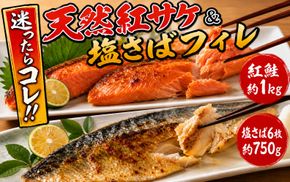 迷ったらコレ！！魚鶴商店の天然紅サケ１ｋｇ & 塩さばフィレ６枚セット【uot744B-1】