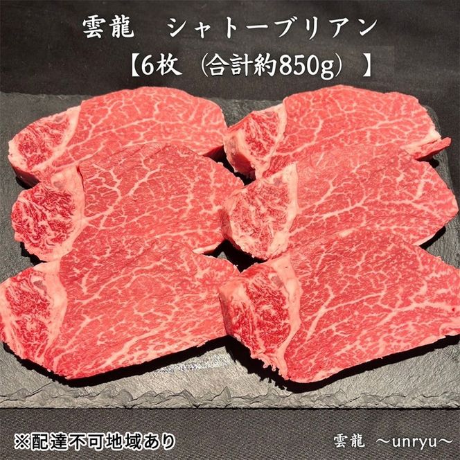 黒毛和牛 岡山県産 シャトーブリアン 6枚(合計約850g)  雲龍 肉 お肉 牛肉 和牛 焼肉 