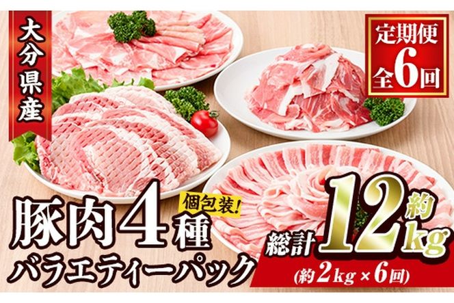 ＜定期便・全6回 (連続)＞豚肉 バラエティーパック (総量12kg・4種) 小分け 豚バラ スライス とんかつ ロース 豚こま しゃぶしゃぶ 鍋 大分県 佐伯市【BD209】【西日本畜産 (株)】