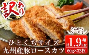 a747 ≪訳あり≫国産！豚ロースかつ(合計1.9kg超・60g×32枚)【鹿児島パッカー産業】 姶良市 冷凍 とんかつ 豚カツ ロースカツ カツ 豚ロース 一口サイズ お弁当 惣菜 規格外