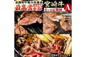 【定期便・全6回(連続)】宮崎牛定期便＜Aセット＞お楽しみ便 牛肉 国産 定期 ヒレ肉 モモ ウデ ロース バラ スライス 宮崎県産 黒毛和牛 小間切れ 焼肉 ステーキ しゃぶしゃぶ すき焼き【R-67】【株式会社ミヤチク】