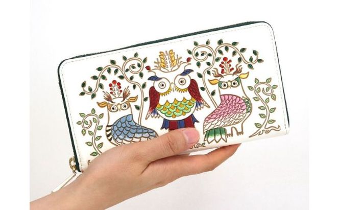 【文庫屋大関】 大容量　ぐるっとファスナーの長財布　ふくろう【皮革工芸品】 ファッション小物 民芸品 