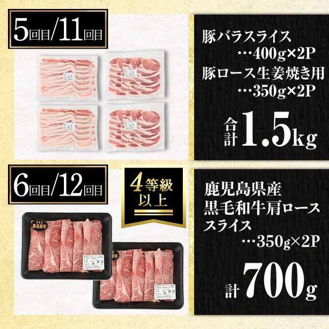 isa586 【定期便12回】豚・牛が交互に届く肉づくし定期便(合計17.5kg) 肉 豚肉 牛肉 霜降り すきやき しゃぶしゃぶ スライス 生姜焼き 豚バラ 切り落とし 焼肉 冷凍 ロース カタロース 肩ロース BBQ アウトドア コンシェルジュ 【サンキョーミート株式会社】