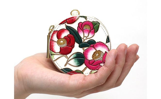 【文庫屋大関】マカロンポーチ 椿【皮革工芸品】 ポーチ ミニポーチ 小物入れ アクセサリー入れ イヤホン入れ 収納 保管ケース 手のひらサイズ  本革 革 皮革 工芸品 工芸 雑貨 ギフト プレゼント 日本製 東京