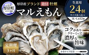 【 3ヵ月 定期便 】 厚岸産 ブランド 殻付カキ マルえもん 生食用 サイズ食べ比べ 24個 (3L・L各12個)[ 魚貝類 生牡蠣 かき 牡蠣 カキ 生ガキ 食べ比べ ]