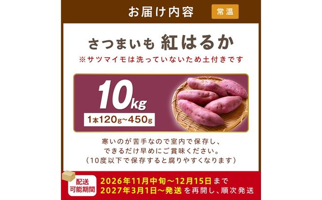 【先行予約】さつまいもオブザイヤー紅はるか部門全国1位 京都・ 丹後産　さつまいも 紅はるか　土付き（1本120〜450g程度）10kg　TF00069