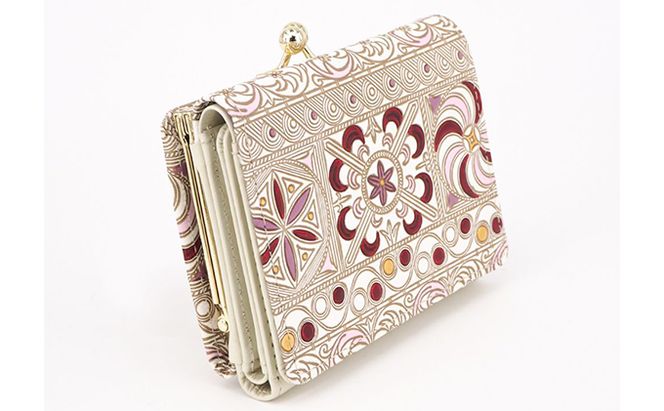 【文庫屋大関】三つ折りミニ財布　錦紗（ピンク）【皮革工芸品】 ファッション 小物 民芸品 お札 カード 小銭 手のひらサイズ コンパクト 大人かわいい 牛革 手作り 国産 