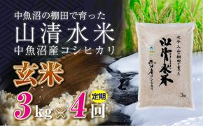 【定期便／全4回】玄米3kg 新潟県魚沼産コシヒカリ「山清水米」 
