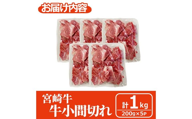 宮崎牛 小間切れ (計1kg・200g×5) 牛肉 精肉 お肉 黒毛和牛 ブランド和牛 切り落とし こま肉お取り寄せ 冷凍 国産 宮崎県 【株式会社マルミヤストア】【MA-11】