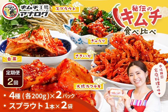 【2カ月定期便】5種の本格キムチ食べ比べ 4種のキムチ(各200g×2パック)＋スプラウトキムチ(1本入り×2袋)【熟成秘伝 きゅうり 大根 カクテキ さきいか 白菜 キムチセット 国産 手づくり 発酵食品 ご飯のお供 詰め合わせ 九州産 手作り】(H104272)