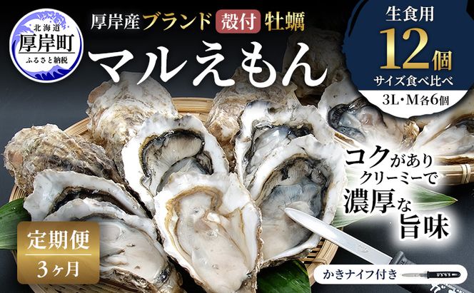 【 3ヵ月 定期便 】 厚岸産 ブランド 殻付カキ マルえもん 生食用 サイズ食べ比べ 12個 (3L・M各6個)[ 魚貝類 生牡蠣 かき 牡蠣 カキ 生ガキ 食べ比べ ]