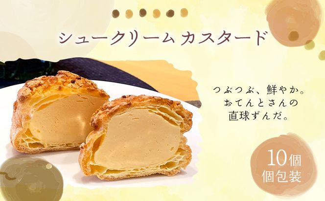 シュークリームカスタード10個セット シュークリーム カスタード 10個入 セット 詰め合わせ 当店一番人気 濃厚 卵 と 牛乳 の コク スイーツ 冷凍 焼き菓子 ギフト 個包装 お菓子 お取り寄せ デザート 大河原町 おてんとさん 自社製造