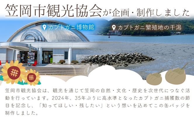 オリジナルカブトガニデザイン缶バッジ 4個セット 笠岡市観光協会《30日以内に出荷予定(土日祝除く)》岡山県 笠岡市 缶バッジ バッジ カブトガニ イラスト 記念缶バッジ 4個 (3種固定 1種カラーランダム)---K-70---