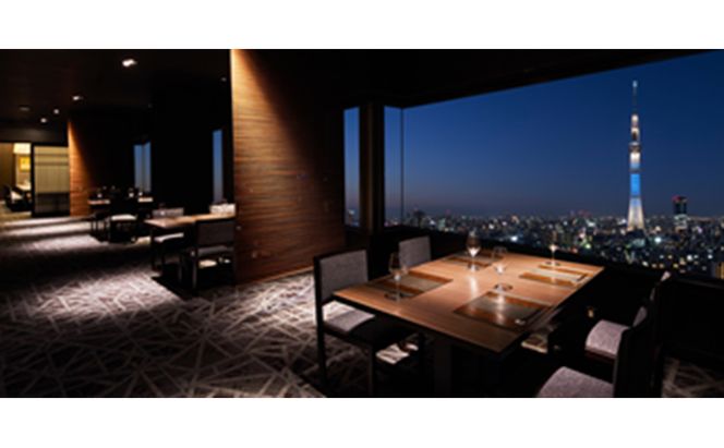 ディナー スカイツリー(登録商標)オフィシャルホテル最上階 ペア チケット 食事券 炭火焼 フレンチ 黒毛和牛 食比べ コース シャンパン 白赤ワイン 各1杯付 ホテル レストラン 入場券 優待券 お食事券 SKYTREE　【 墨田区 】 