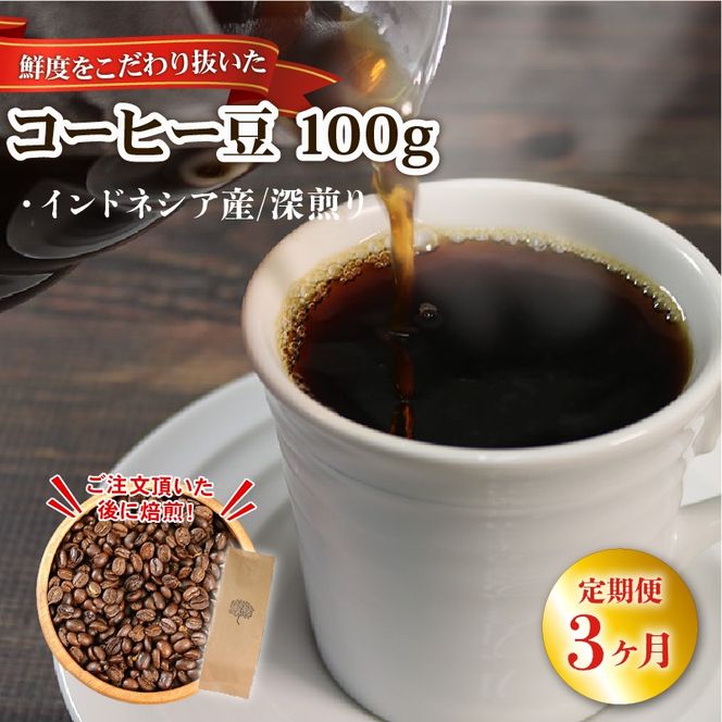 【3ヶ月/定期便】 自家焙煎 コーヒー 豆 100g インドネシア 深煎り [moku1000_1]	
