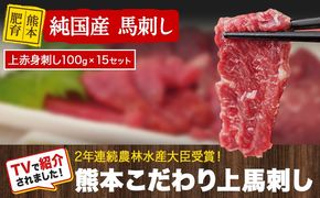 上赤身馬刺し100g×15セット(10ml×15袋)《7月中旬-9月末頃出荷》 熊本県 玉名郡 玉東町 馬刺し 国産 赤身 送料無料 肉 タレ付き 1500g 牛肉よりヘルシー---gkt_fkgakm_bc79_50000_1500gt---