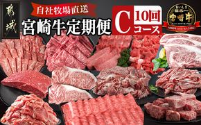 宮崎牛定期便(10回お届け) Cコース_N25-003-T10 宮崎牛 食べ比べ バラ ウデ モモ ロース リブロース カルビ サーロイン 赤身 肩ロース ミスジ 切り落とし サイコロ ブロック ステーキ 焼肉 スライス