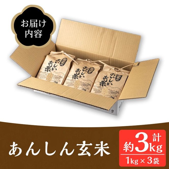 isa664 《毎月数量限定》あんしん玄米(約1kg×3袋・計約3kg) 米 玄米 お米 鹿児島県 伊佐市 健康 食物繊維 腸活 有機肥料 EM農法 【しげふみファーム】