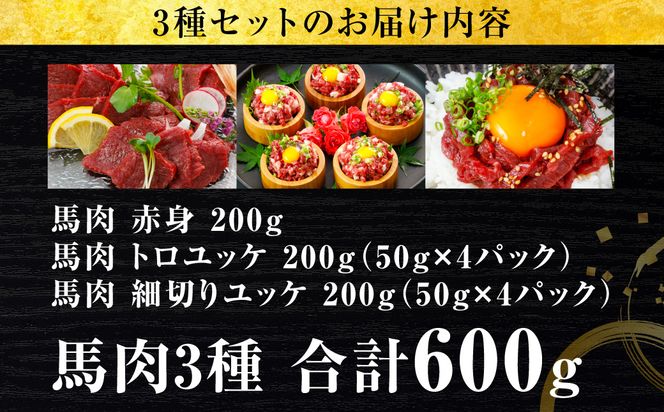 馬肉 3種600g  (赤身200g、トロユッケ200g、細切りユッケ200g) 馬 馬焼き レア ユッケ 冷凍 新感覚 特殊加工 熟成 加熱加工 低温調理 熊本県 八代市