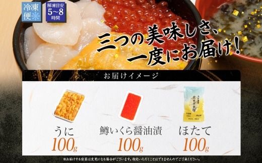 【年内配送 12月10日まで受付】3627. うに チリ産 冷凍 100g 鱒いくら醤油漬け 100g ホタテ 100g セット ウニ 雲丹 いくら イクラ ますいくら ほたて  帆立 海鮮 海鮮丼 三色丼 送料無料 北海道 弟子屈町