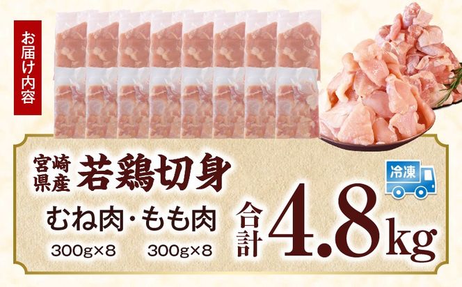 宮崎県産 若鶏切身 むね肉&もも肉 4.8kg（各300g×8袋）