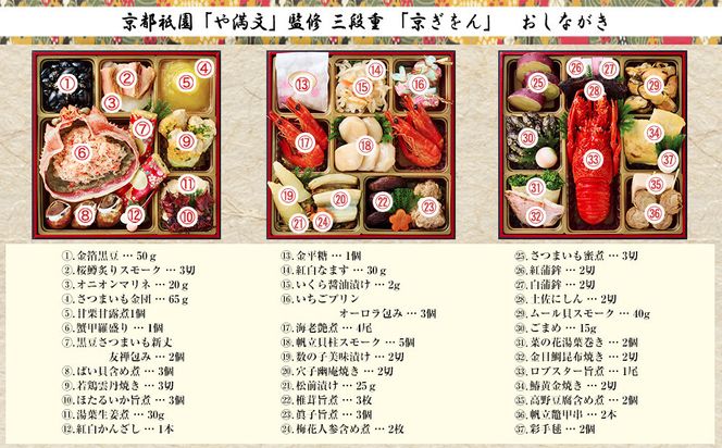 【京都祇園 料亭や満文】監修 三段重「京ぎをん」約3～4人前｜京おせち 本格料亭おせち 人気おせち［ 京都 料亭 おせち お節 3段 3人 4人 京料理 人気 おすすめ おいしい 2026 正月 お祝い おせち料理 グルメ ご自宅用 お取り寄せ 通販 送料無料 ふるさと納税 ］ 261009_A-AAM015