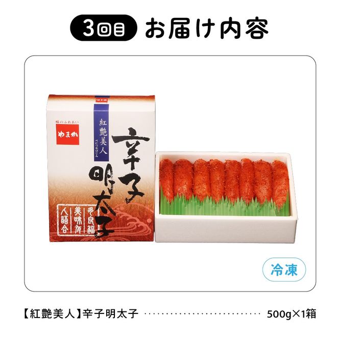 【毎月定期便】魚卵三種　（塩たらこ500g・辛子明太子500g・味付数の子360g）　全3回　R001-038