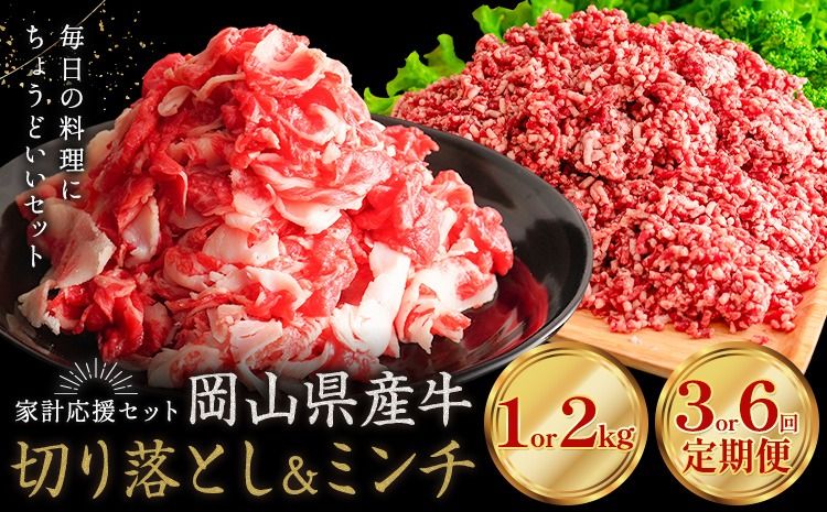 牛肉 国産 切り落とし ミンチ セット 家計応援 岡山県産牛 選べる 1kg 2kg 3ヶ月定期便 6ヶ月定期便 小分け 1パック250g お試し 大容量[60日以内に出荷予定(土日祝除く)]岡山県 笠岡市 肉 ひき肉 グルメ お取り寄せグルメ 定期便は翌月から発送---kasaoka_zsy_281_1---