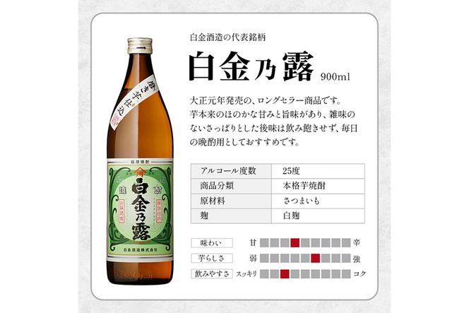 a475 《数量限定！ミニ焼酎ランダム2本付き》本格焼酎飲み比べ！白金酒造の定番芋焼酎白金乃露・白金乃露黒(各900ml)と白金酒造のいも焼酎で作った菜の花梅酒(500ml)【白金酒造】