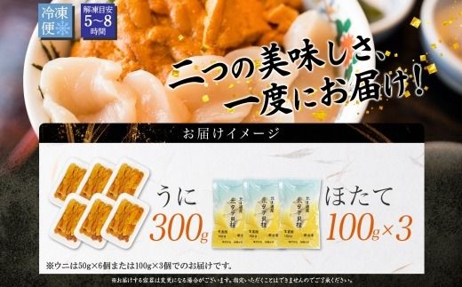 3341. 雲丹 300g ホタテ 300g 海鮮2種セット ウニ チリ産 冷凍 うに ミョウバン不使用 ほたて 貝柱 生ほたて 刺身 帆立 冷凍 海鮮 海鮮丼 お刺身 つまみ おつまみ おかず ごはんのおとも 北海道 弟子屈町