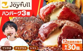 【全12回定期便】【福岡工場直送】ジョイフル ハンバーグ スペシャル 詰め合わせ 3種 30個セット 《築上町》【株式会社 ジョイフル】[ABAA044]
