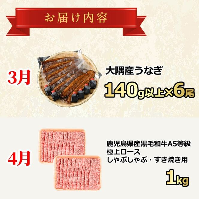 【1906103b】東串良町の美味しい！を贅沢に集めた4回定期便(3・4・5・6月) うなぎ 高級 ウナギ 鰻 国産 蒲焼 蒲焼き たれ 肉 牛肉 ロース しゃぶしゃぶ すき焼き マンゴー メロン アールスメロン 鹿児島 ふるさと【東串良町】