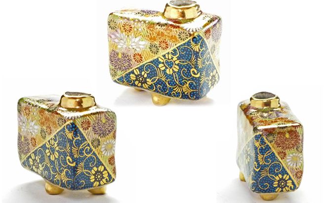 百華園-九谷焼 一輪挿し 青粒＋金花詰（傑作） a05 インテリア 雑貨 小物 飾り 花瓶 手の平サイズ 手描き 本物絵付け 玄関 リビング 客間 