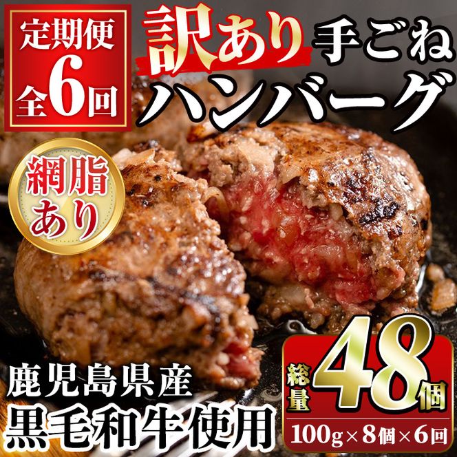 ＜定期便・全6回(隔月)＞＜訳あり＞鹿児島県産黒毛和牛！手ごねハンバーグ(合計48個・100g×8個×6回) 国産 牛肉 小分け おかず 惣菜 個包装 ご自宅用 エコパッケージ 冷凍ハンバーグ【スーパーよしだ】akn058-19