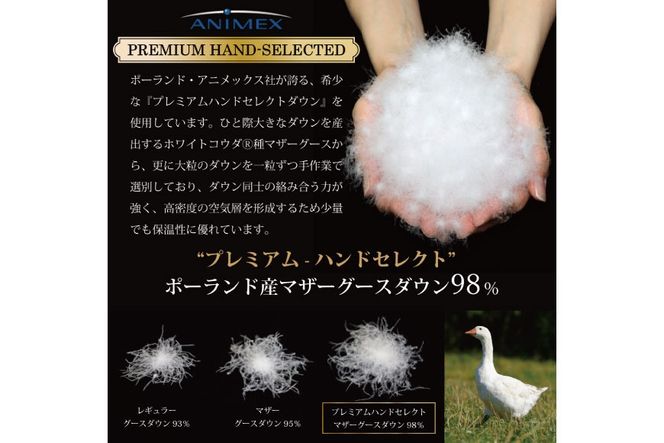 【夏用】高級 軽量 高品質 羽毛布団 ダブル 肌掛け 肌掛け布団 ダウン 夏 プレミアム ハンドセレクト ポーランド産 マザーグースダウン 98％ 0.5kg 稀少 ダウンケット 日本製 綿100％ 布団 ふとん 羽毛ふとん 寝具 羽毛 手選別 Animex ソフトケース付き [川村羽毛 山梨県 韮崎市 20742884]